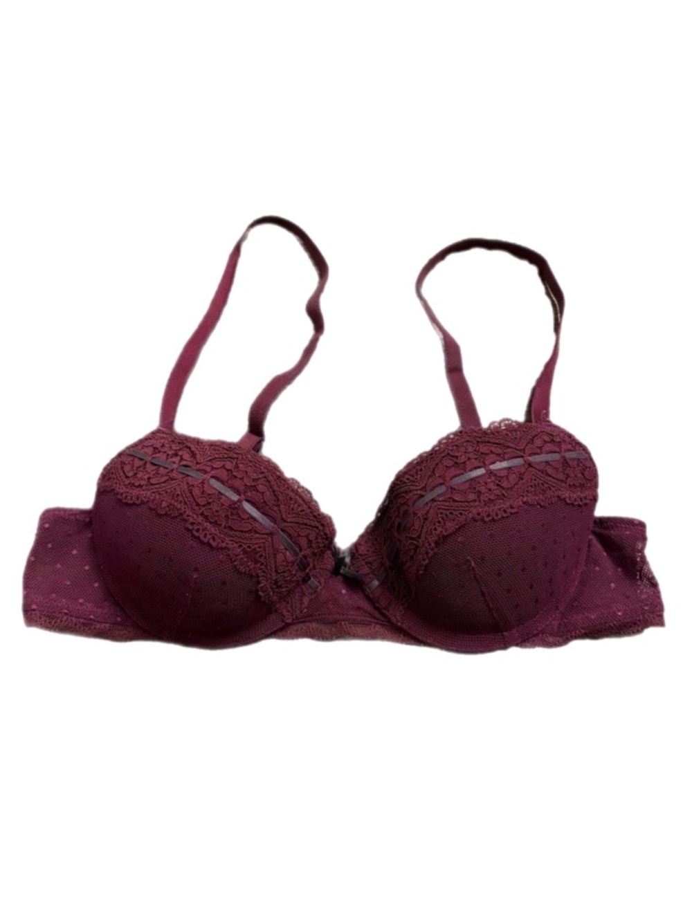 90s European Vintage C&A Flock Dot Lace Push-Up Bra w Ribbon Burgundy 32/34 A-B